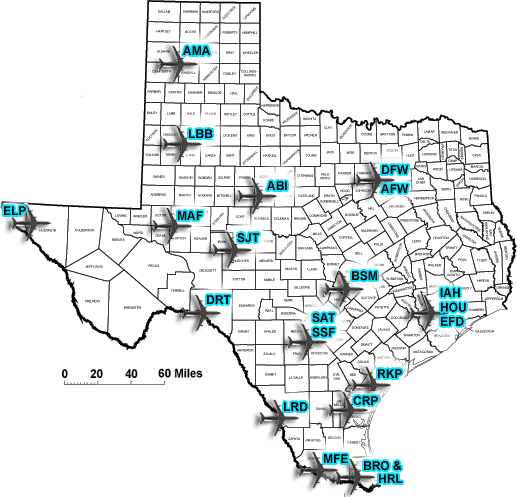 texas airports location map